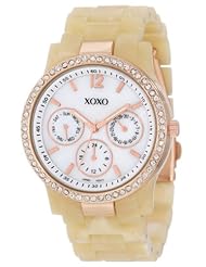 XOXO Womens XO5522 Plastic Horn Bracelet with Rhinestones on Rose Gold Case Watch