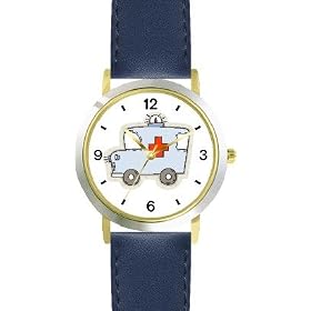 Ambulance Truck - Emergency Rescue Vehicle - WATCHBUDDY� DELUXE TWO-TONE THEME WATCH - Arabic Numbers - Blue Leather Strap-Size-Children's Size-Small ( Boy's Size & Girl's Size )
