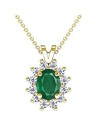 18K Yellow Gold Oval Cut Emerald And Round Diamond Pendant