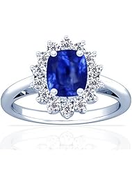 14K White Gold Cushion Cut Blue Sapphire Ring With Sidestones