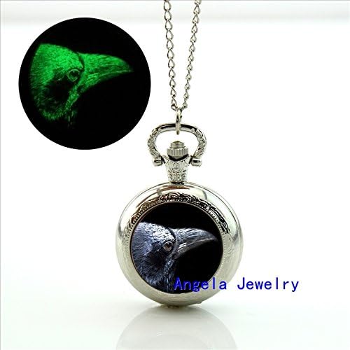 Pretty Lee Fashion Black Raven Glowing Pocket Watch Necklace Glass Crow Jewelry Glow in The Dark Necklace