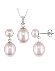 Sterling-Silver 5.5-6 MM Pink Freshwater Cultured Pearl Earring and Pendant Set