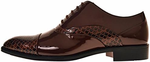 Bolano Mens Brown Patent Cap Toe Oxford Dress Shoe with Snake Print Accent: Style Clive-065
