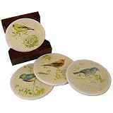 Birds Absorbent Stone Ceramic Coasters in Wood Holder, Wine and Food Themes