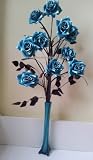 Silk Rose Stem Teal In A Teal Glass Vase - 10 Heads Fully Adjustable With Grass And Leaves