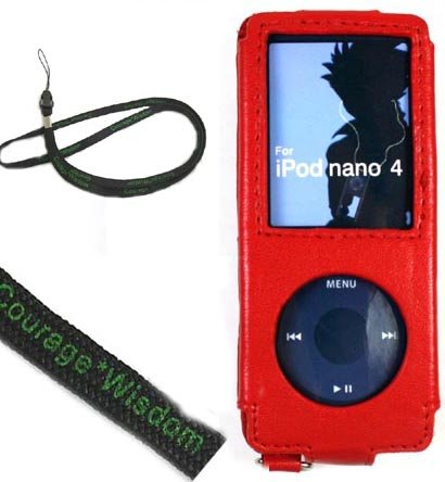 (6 in 1 Deluxe Package) BONUS WISDOM*COURAGE NECKSTRAP + Premium Flip Leather Case with Swivel Belt Clip + Screen Protector for Apple iPod Nano Nano-Chromatic 4th Generation 8gb 16gb (Nano Chromatic Not Included) + CLOTH + CAR CHARGER + TRAVEL CHARGER +USB Cable for ipod nano chromatic - Froza Red