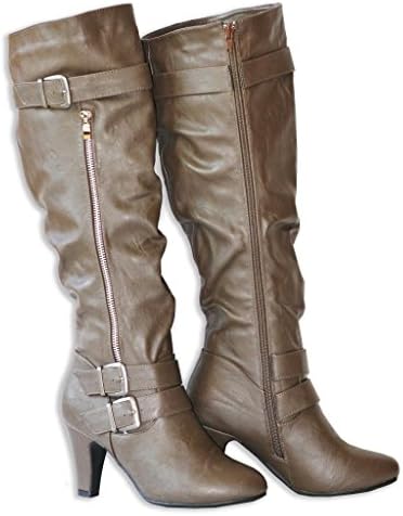Twisted Women's LILLIAN Faux Leather Knee-High Western Heeled Riding Boot with Multi Buckle Straps - MOCHA, Size 6