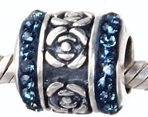 Everbling Rose Flower with Blue Austrian Crystal Authentic 925 Sterling Silver Charm Fits Pandora Chamilia Biagi Troll Beads Europen Style Bracelets