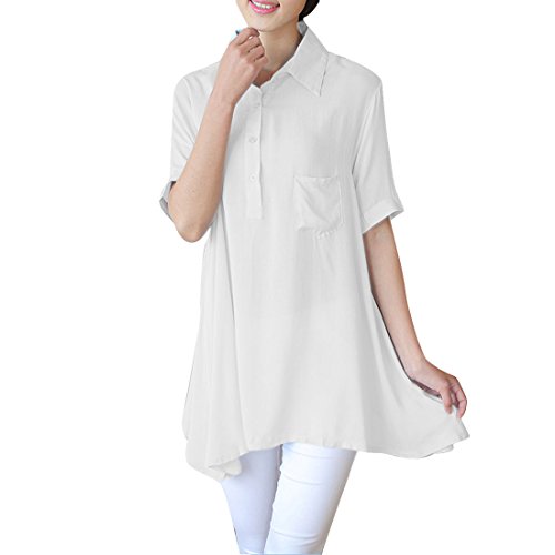 Allegra K Ladies Point Collar Short Sleeve Half Button Front Casual Blouse