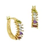 Vermeil (24k Gold over Sterling Silver) Genuine Garnet, Amethyst, Blue Topaz,Peridot Stone Marquise Cut Genuine Diamond Accent Hoop Earrings