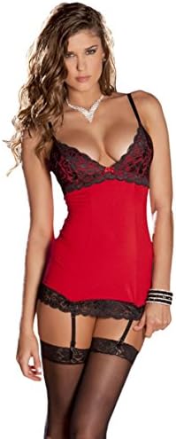 Sexy Red Baby Doll Chemise Lingerie Black Lace Up Garters G-string 2 Pc Set Sizes: Small-Medium