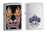 Zippo Lighter Set - Harley Davidson Flaming Skull and Freedom Tribal Skull Logo, Pack of Two