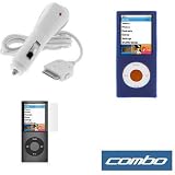 Dark Blue Flexible Soft Silicone Skin Case + Premium Reusable LCD Screen Protector + Rapid Car Charger for Apple ipod Nano Chromatic 8GB, 16GB 4G 4th Generation
