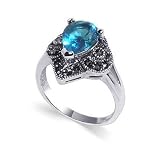 Nickel Free Sterling Silver Teardrop Shaped Aquamarine Cubic Zirconia Marcasite Band Polished Finished Ring Size 5, 6, 7, 8, 9, 10