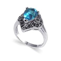 Sterling Silver Marcasite Band Aquamarine Cubic Zirconia Ring