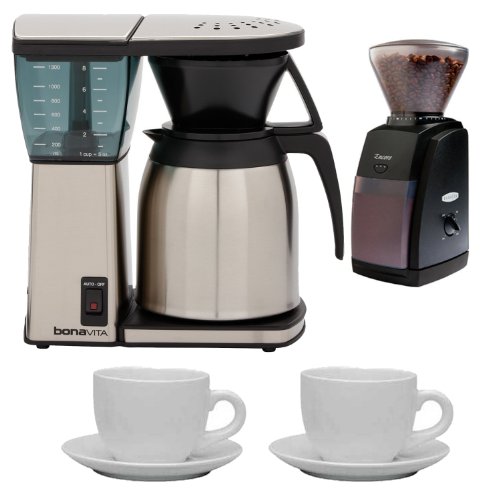 Bonavita BV1800TH 8 Cup Coffee Maker w/ Thermal Carafe + Encore Coffee Grinder + 2 Piece16 oz. Stoneware Coffee Mug in Baby Blue