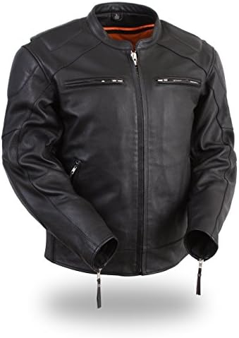 Mens Leather Scooter Style Bomber Jacket, Black Size S