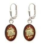 Certified Genuine Baltic Amber and Sterling Silver Cameo Oval Leverback Small Flower Earrings