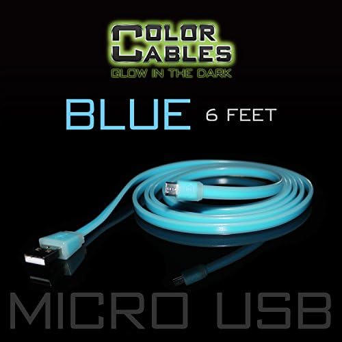Color Cables: Micro USB Charge and Sync Data Cable (BLUE - 6FT) Glow In The Dark - 1.8M Extra Long - Extra Tough - No Tangle - High-Speed - Premium Micro USB to USB A Cable (LIFETIME WARRANTY)