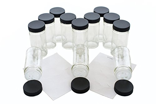 MT Dezign Glass Spice jars 12 bottles with Black Lids and 18 Shaker Tops with Blank Labels