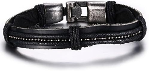 Wide Leather Bracelet Bangle for Men Black Fabric Leather Wristband Bangle with Alloy Clasp