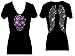 Sugar Skull Angel Wings Rhinestone Womens V Neck Short Sleeve Tee Shirt