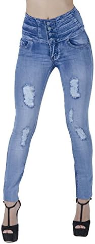 YH1048 - High Rise Colombian Style Stretch Denim, Butt Lift, Ripped Skinny Jeans in Washed M. Blue Size 7