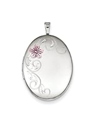 Sterling Silver 26mm Enameled Flower and Scroll Oval Locket