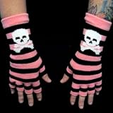 Pink and Black Striped Skull and Crossbones Fingerless Gloves