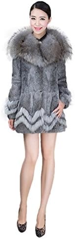 AORUI Women's Real Sheared Rabbit Fur Coat With Raccoon Fur Collar Gray US10