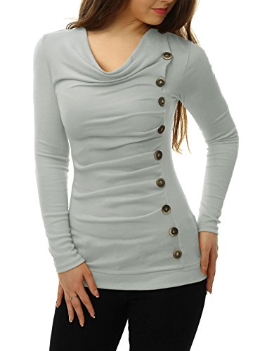 uxcell Women Cowl Neck Long Sleeves Buttons Decor Ruched Top Light Grey M