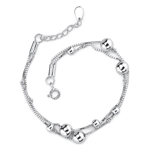 Trendy and Youthful: Sterling Silver Designer Inspired Double Box Chain Bracelet with Silver Beads