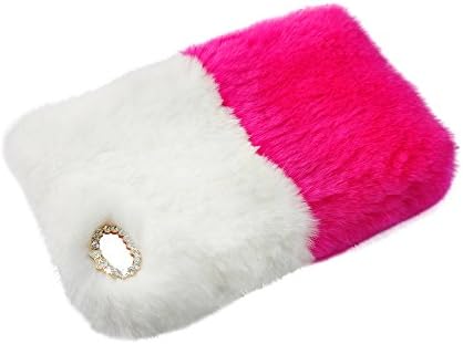Touch 5 Case, Genuine Rex Rabbit Fur Fluffy Cover Bling Diamond [Warm Soft Furry] Winter Wammer Handmade Soft Crystal Rhinestone Back Case for Apple iPod Touch 5 Accessories by Casemart (1 Stylus Pen + 2 Screen Protector Film) White and Pink Rose Design