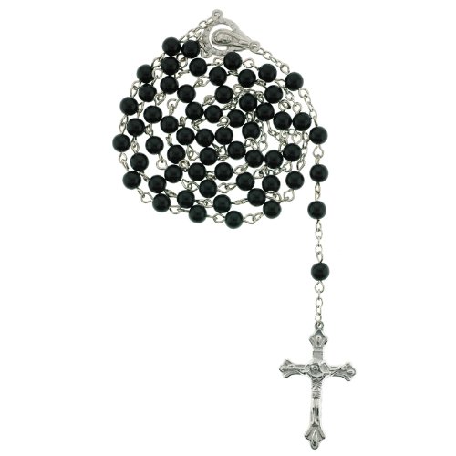 Black Round Bead Rosary with Chain Link - 5mm Beads - 27 in. Necklace, 19 in. Overall