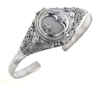 Sterling Silver Celestial Moon and Star Poison Locket Box Cuff Bracelet