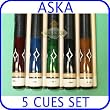 Set of 5 Aska Pool Cue Sticks L7000
