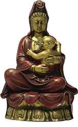 Small Kuan-Yin with Baby Statue, Gold and Red, 6.25"H