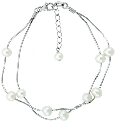 7.5 Natural 6 mm and 5 mm Cultured Freshwater Pearl / Sterling Silver Bracelet with 1.25 Extension.