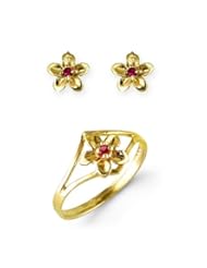 Childrens 14k Yellow Gold Flower Red CZ Stud Earrings Ring Set