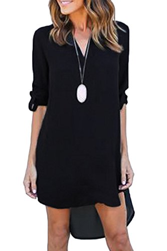 Mulisky Women V Neck Roll Up Sleeve Long Blouse High Low Casual Mini Shirt Dress