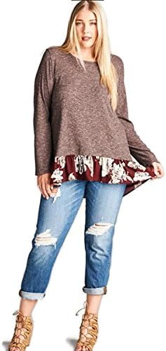 Oddi Boho Chic Ruffle &amp; Floral Knit Tunic Top Plus SIze (1X, Mocha / Burgandy)