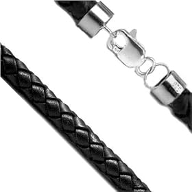 3mm Black Braided Leather Cord Chain 24" Sterling Silver Necklace