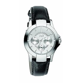 D&G Ladies Watch DW0539 with Silver Multi Function Dial, Stainless Steel Case and Black Leather Strap
