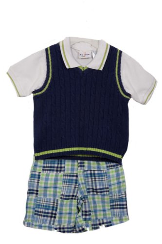 Image of BT Kids Infant Boys (24 mo) 3 pc navy v-neck sweater vest and plaid shorts set