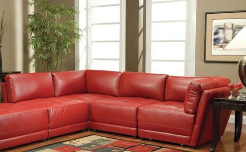 Sectional Sofa Button Tufted Design Red Bonded Leather