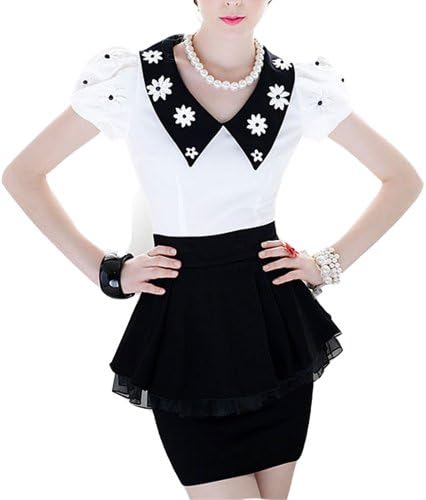 BWDB Women's Elegant Lapel Collar Short Puff Sleeve Chiffon Peasant Blouse