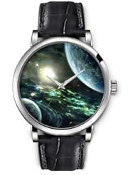 SPRAWL Aanalog Fashion Series Silver Ladies Watches of Genuine Black Leather Strap,Unique Wrist Watch for Women Girls Designed with planets