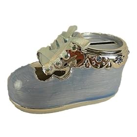 Silver Plated Trim Baby Boy Bootie Money Box - Christening Gift NEW