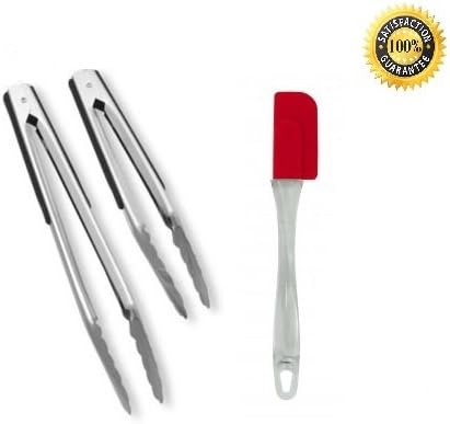 Premium 2pc Tong Set &amp; Bonus Spatula By 41As - 12" Barbecue Tongs / 9" Salad Tongs - Easy Storage - Best Food Tongs for Every Occasion - Plus 9" Silicone Spatula
