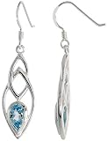 Sterling Silver Marquise-shaped Celtic Fish Hook Dangle Earrings, w/ Pear Cut Natural Blue Topaz Stones, 1 5/8" (41mm) tall